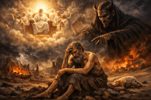 Hiob wird von Satan und Gott geprüft